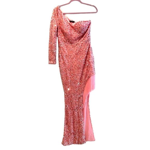 Giffnsetti Formal‎ One Shoulder Long Sleeve High Split Maxi Pink Sparkle Medium - Picture 2 of 10